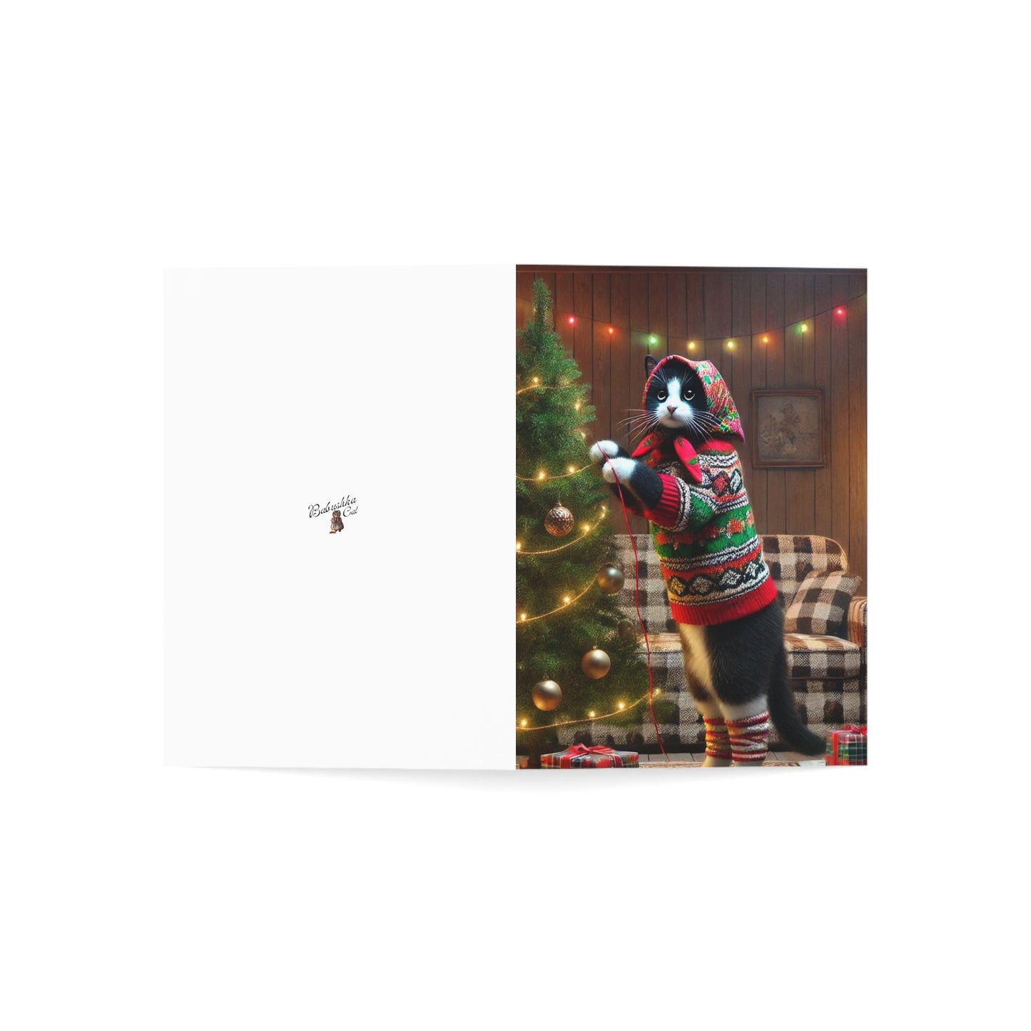 Babushka Cat, Tuxedo Cat,  Christmas Greeting Cards Set of 10