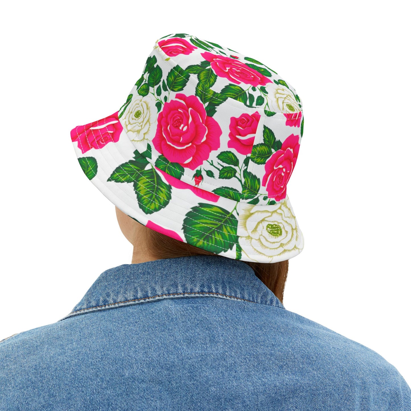 Pink and Green Cabbage Roses Floral Bucket Hat (AOP)