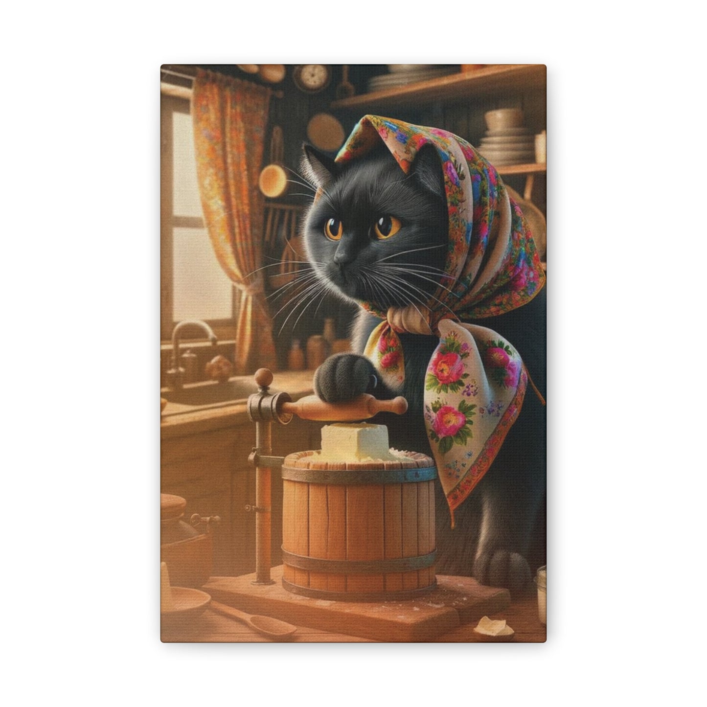 Babushka Cat Churns Butter (Black Cat Version)