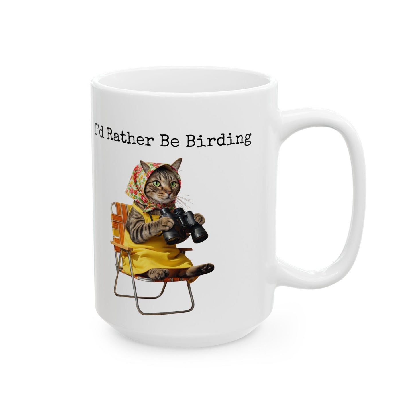 Babushka Cat Birdwatching Ceramic Mug – I'd Rather Be Birding Coffee Cup, Gift for Bird Lovers