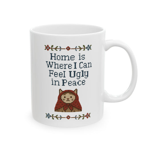 Babushka Cat Mug, Funny Cat Ceramic Mug - Faux Cross Stitch Look