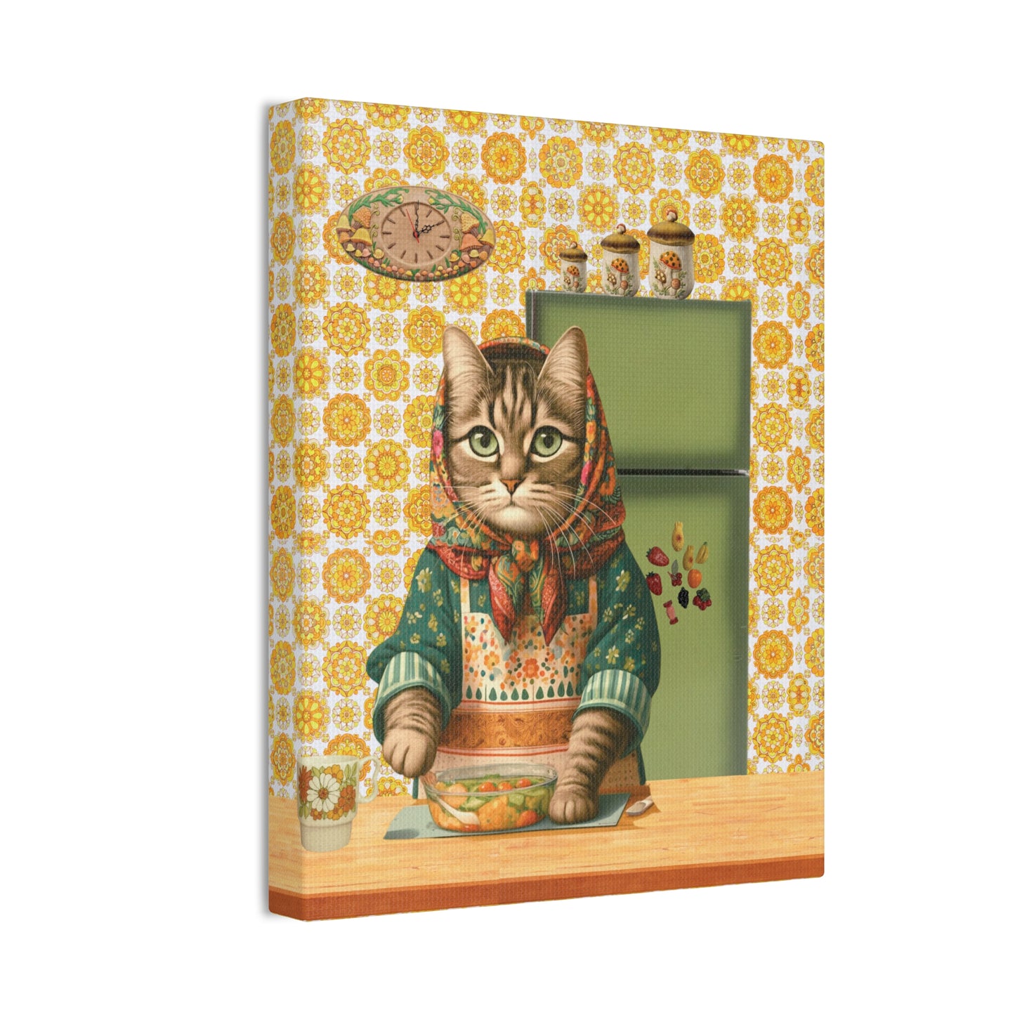 Kitschy Kitchen Cat 70's Art, Cat in the Kitchen 70's Musrhoom Decor Canvas Wall Art