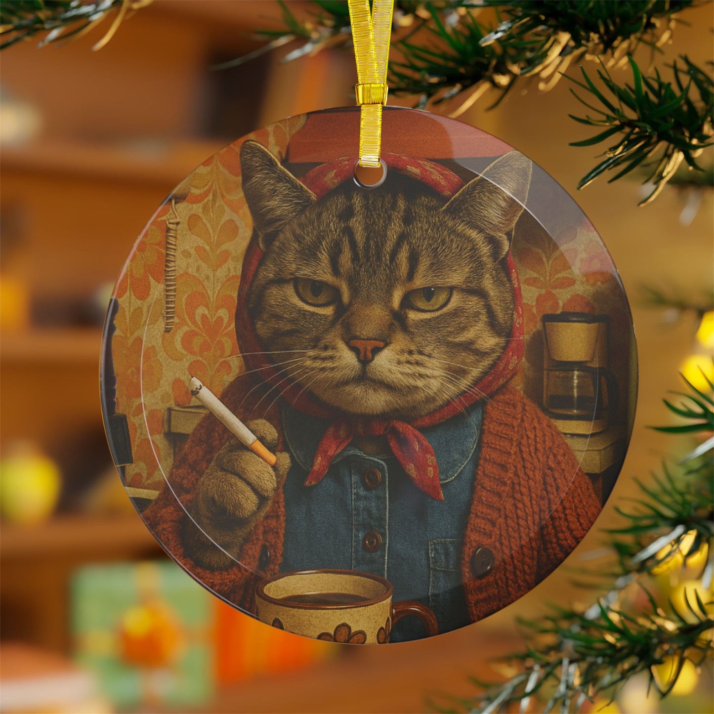 Babushka Cat Smoking Cat Glass Ornament