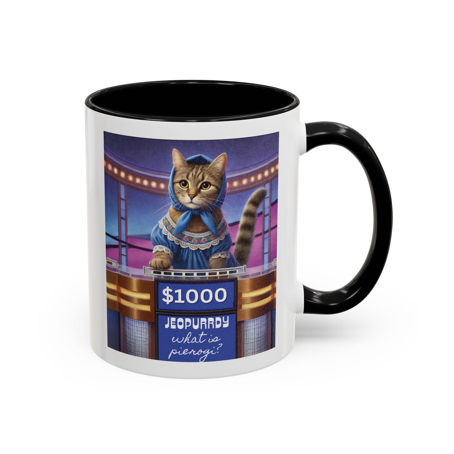 Babushka Cat Does Gameshow, Kitschy Cat Accent Coffee Mug (11 oz)