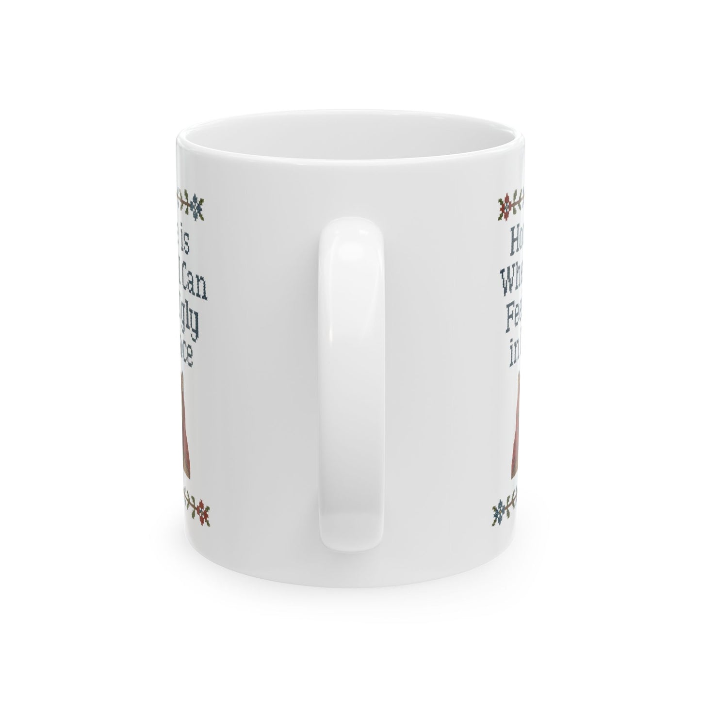 Babushka Cat Mug, Funny Cat Ceramic Mug - Faux Cross Stitch Look