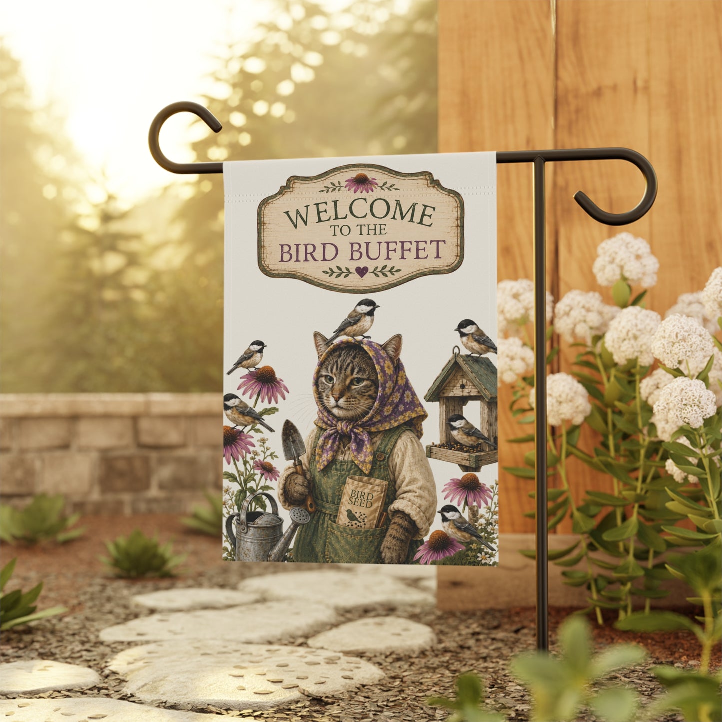 Babushka Cat and the Birds Humor Garden Flag (no pole)