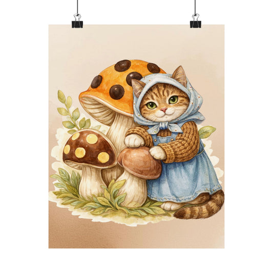 Babushka Cat Merry Mushroom Matte Vertical Poster