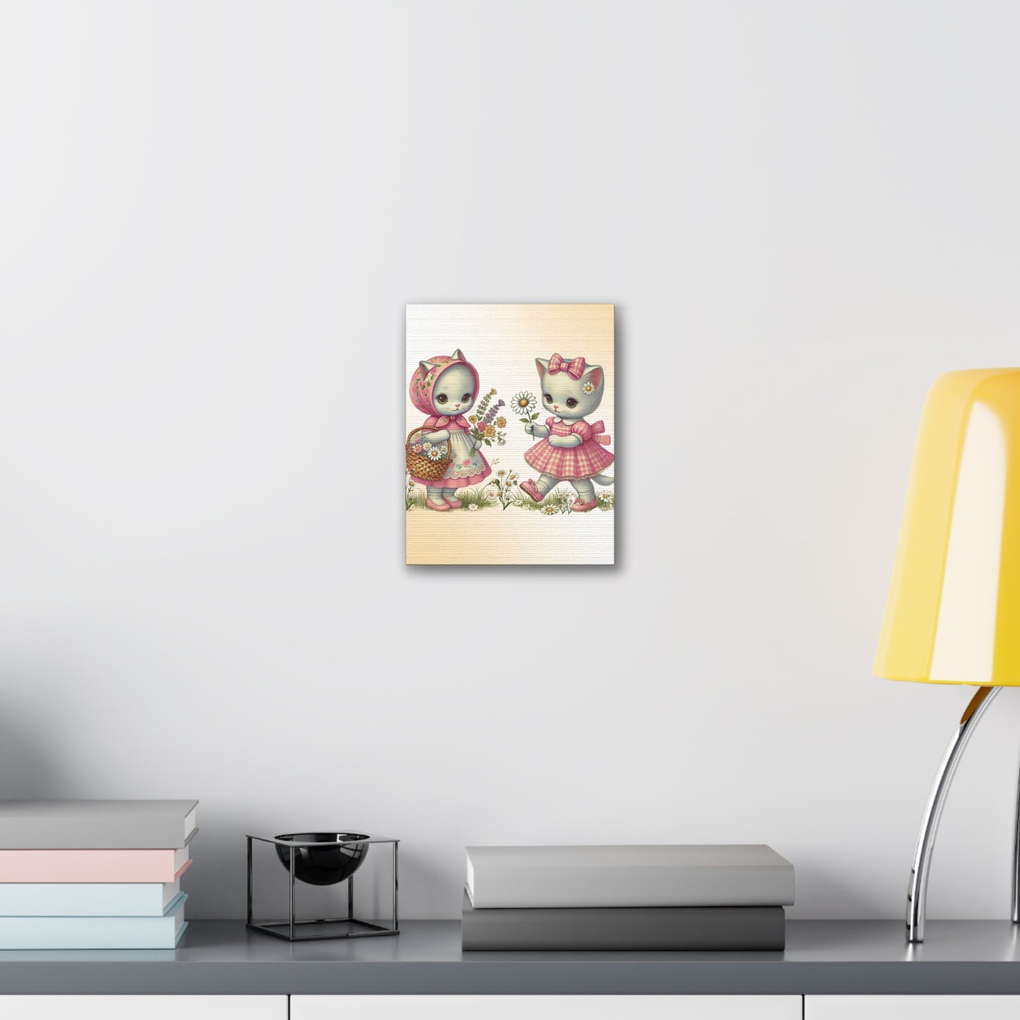 Vintage Cats and Daisies, Kitschy Cat Canvas Wall Art