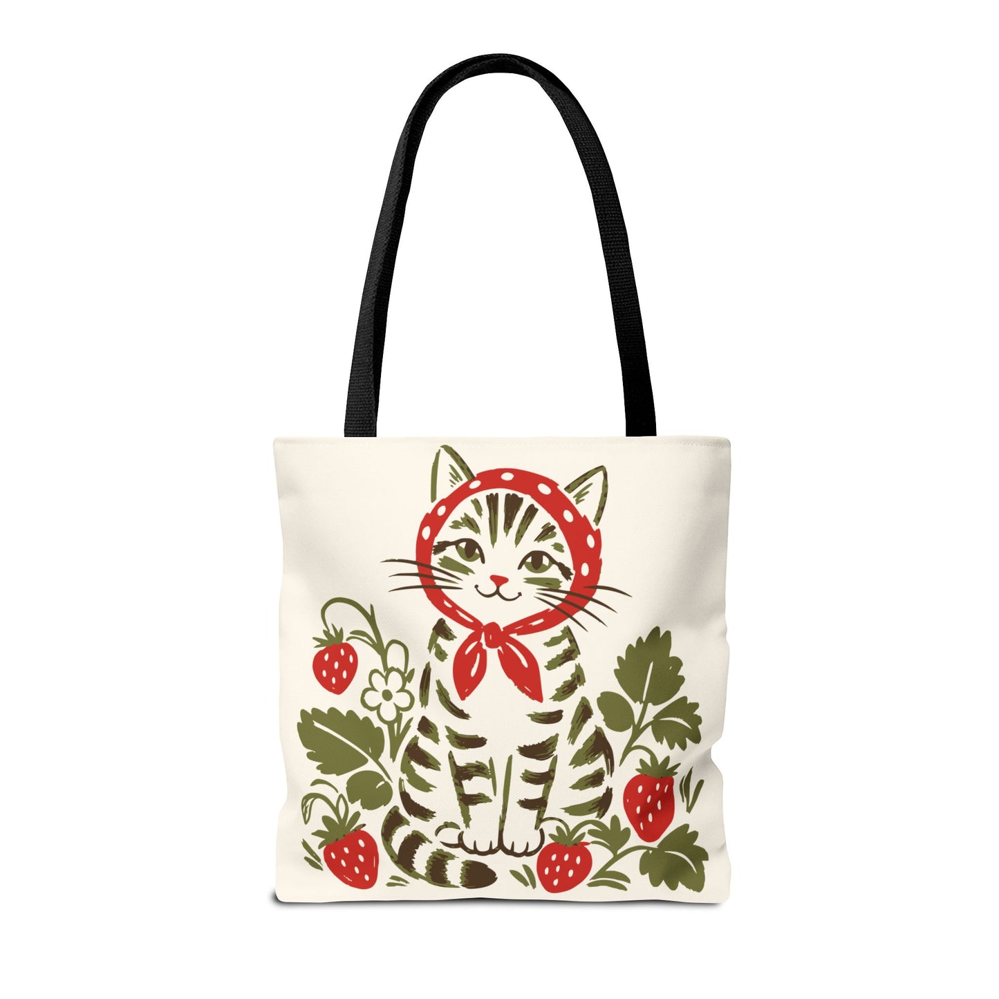Babushka Cat Strawberry Patch Tabby Cat Tote Bag (AOP)