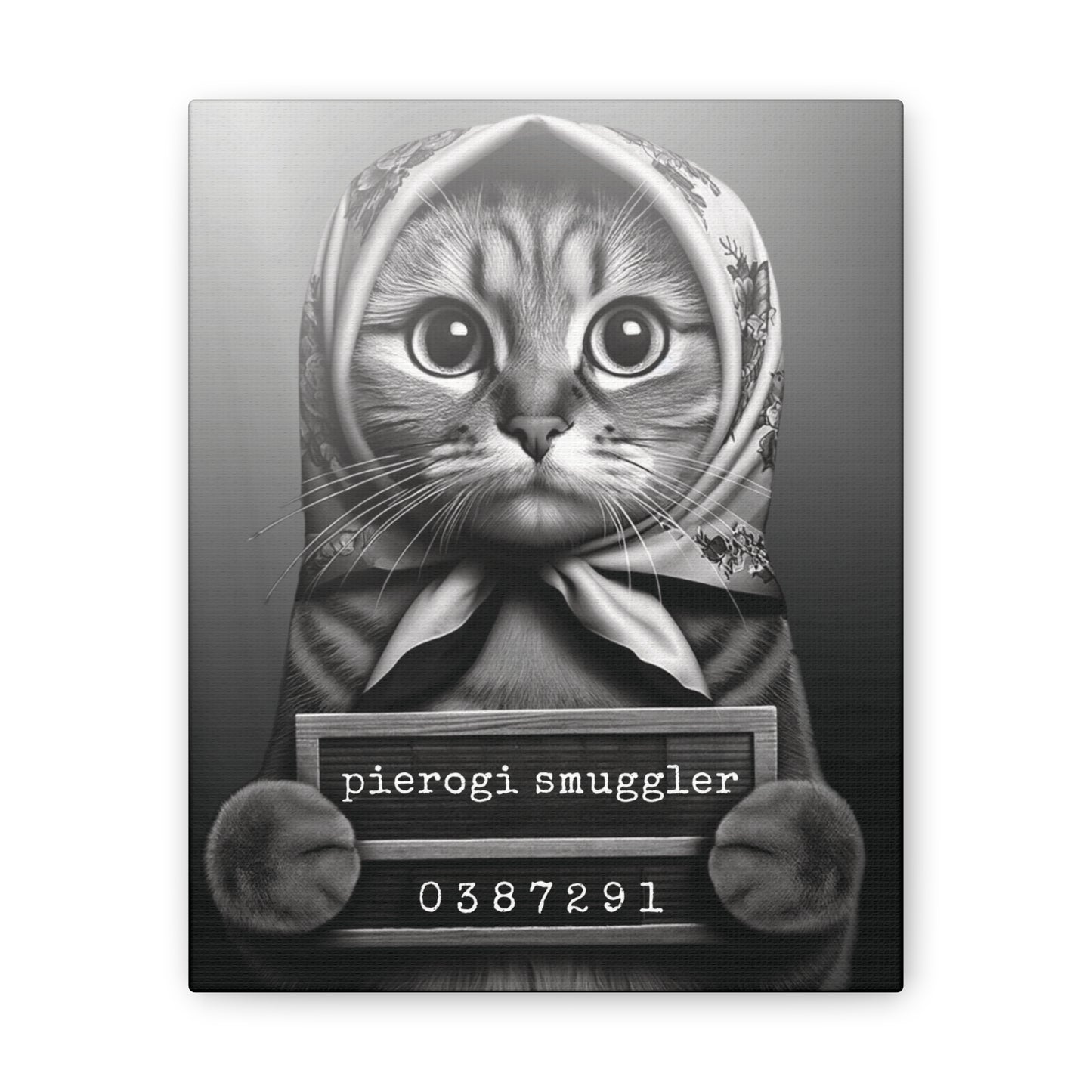 Babushka Cat Smug Shot, Pierogi Smuggler  Black and White Wall Art