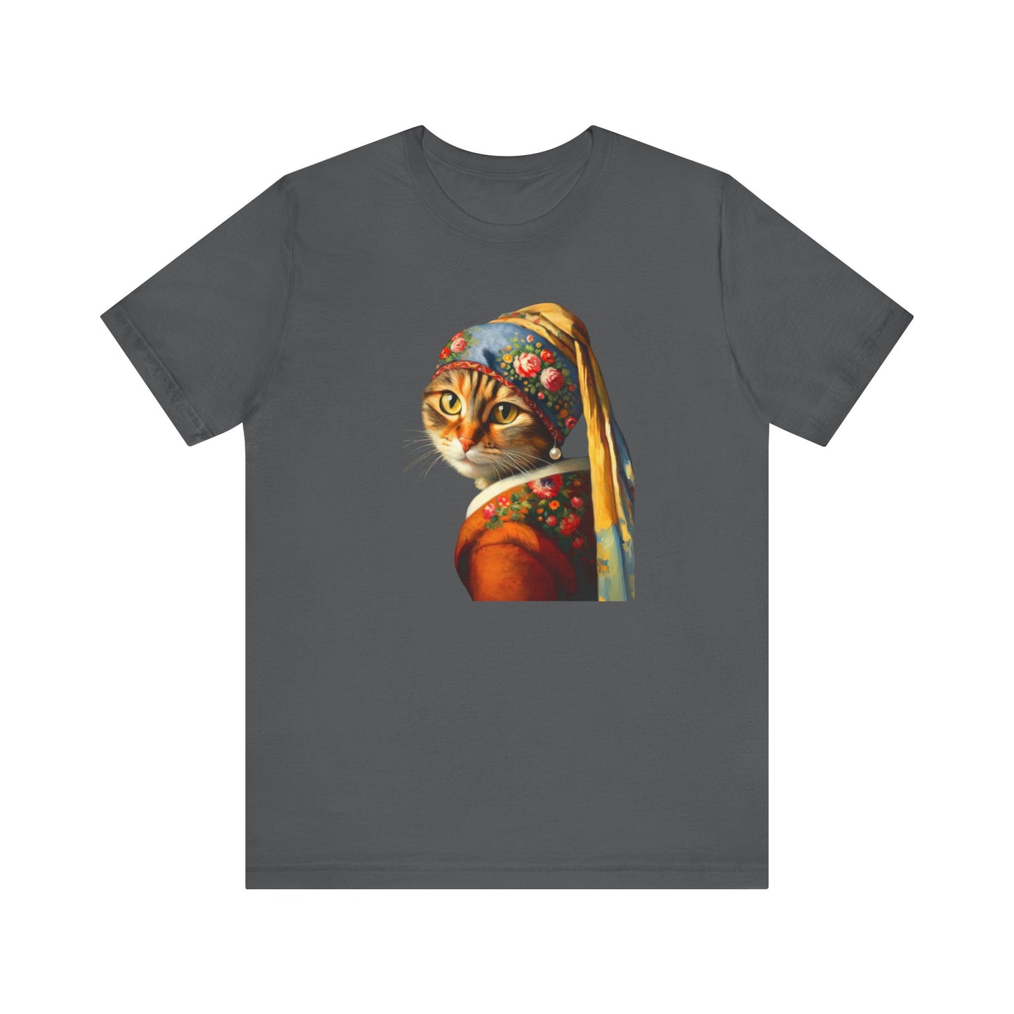 Babushka Cat With a Pearl Earring, Cat Art Parody Unisex Jersey Short Sleeve Tee for Cat Lovers