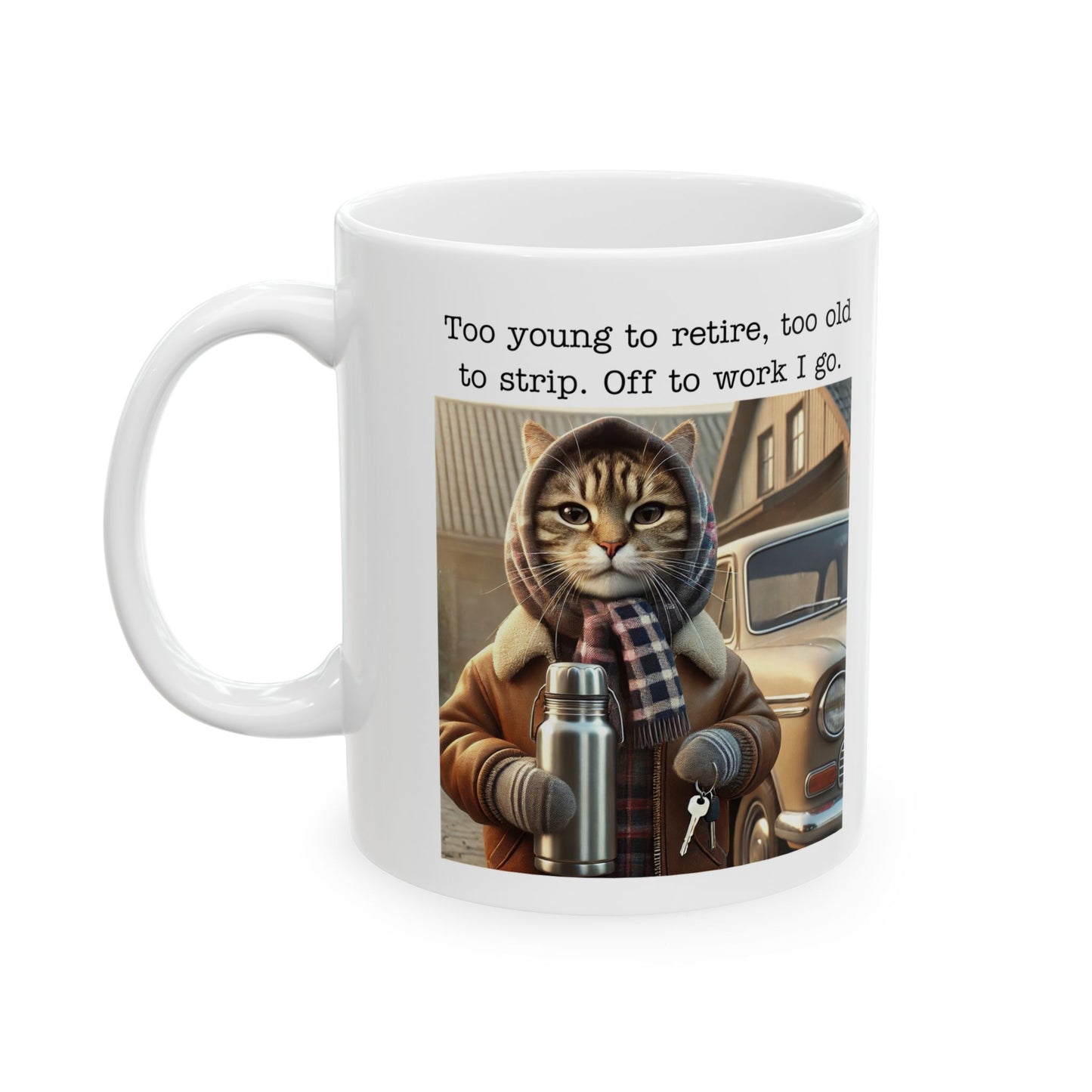 Babushka Cat Goes to Work Funny Kitschy Ceramic Mug