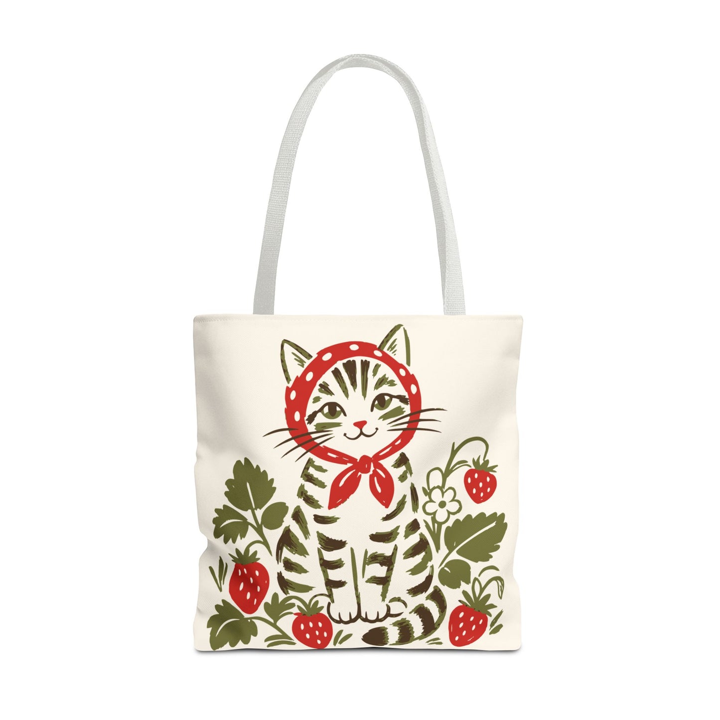 Babushka Cat Strawberry Patch Tabby Cat Tote Bag (AOP)