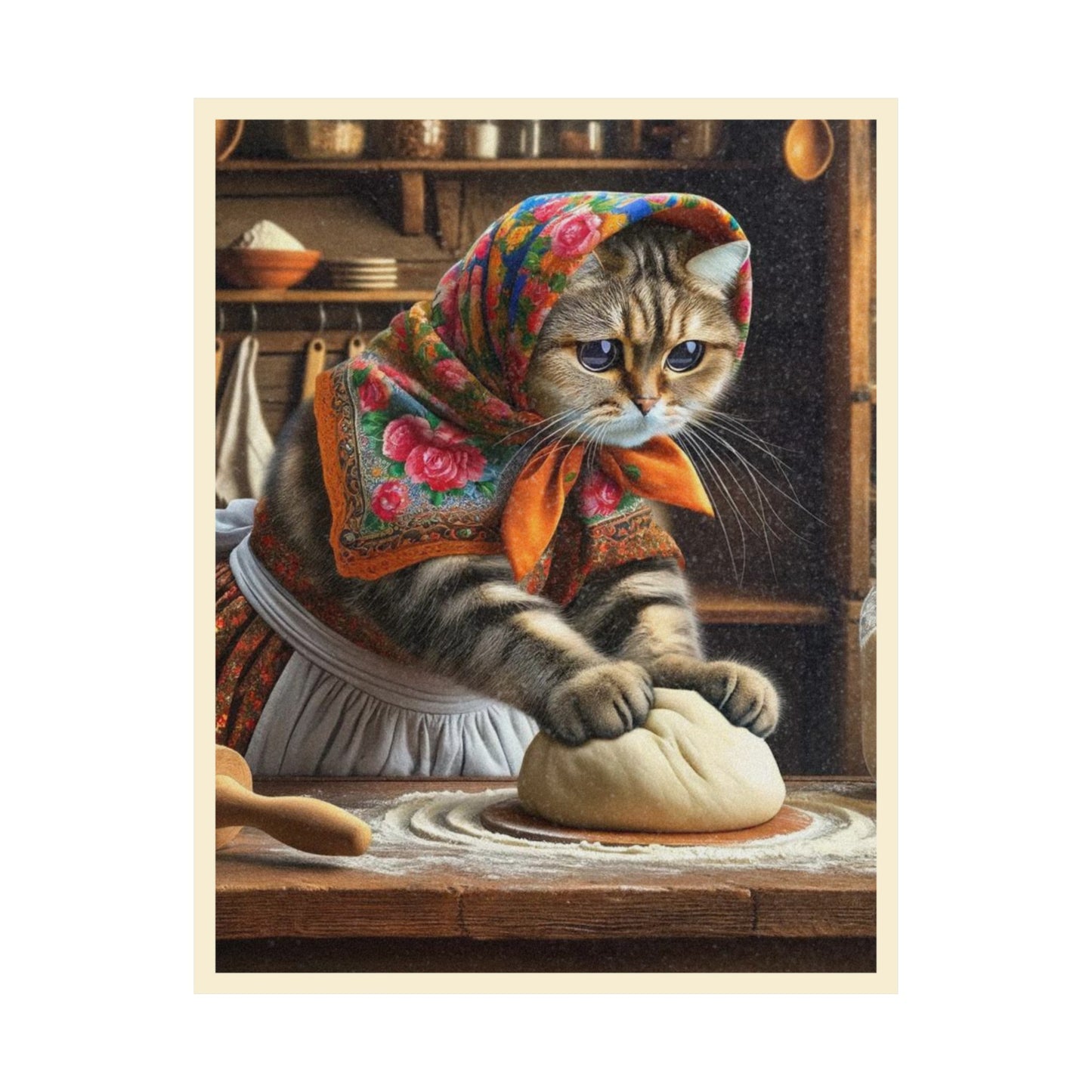 Babushka Cat Kneads Dough Matte Vertical Poster