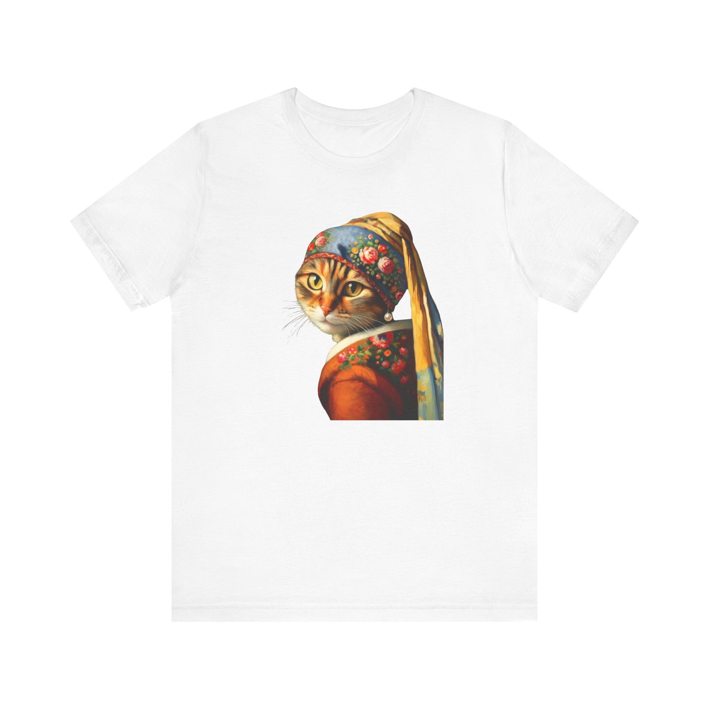 Babushka Cat With a Pearl Earring, Cat Art Parody Unisex Jersey Short Sleeve Tee for Cat Lovers