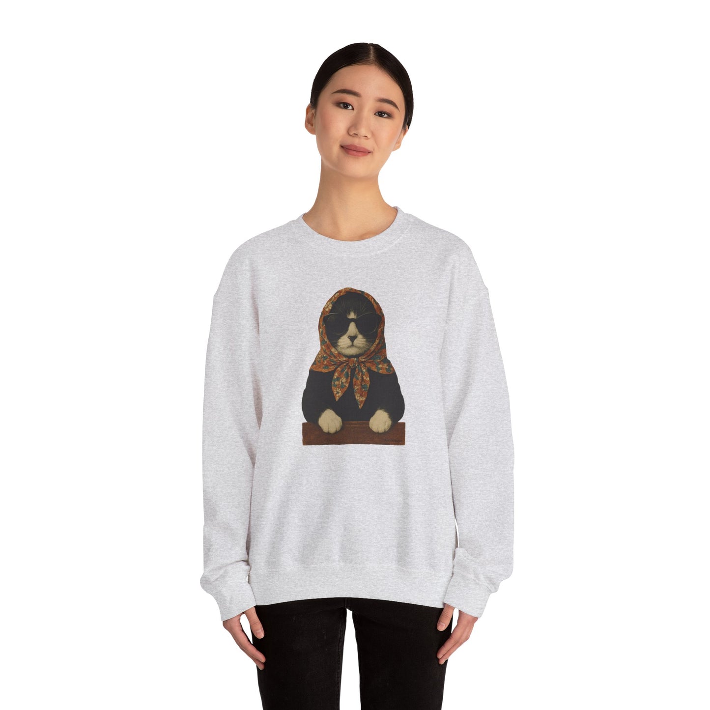 Babushka Cat, Tuxedo Cat Sweatshirt - Unisex Crewneck Pullover with Polish Cat Print