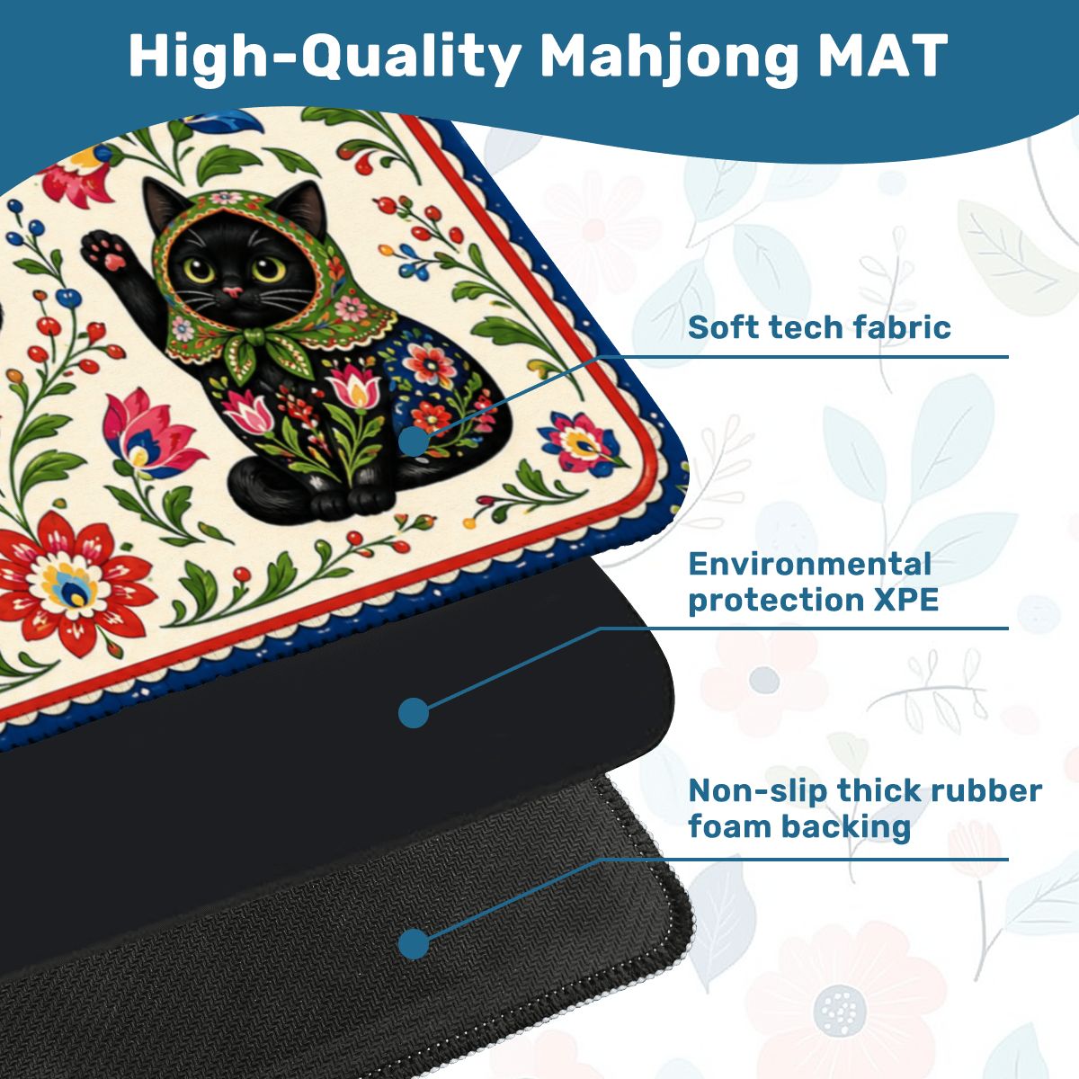Babushka Black Cat Mahjong Mat 33"x33" (Ship Rolled up)