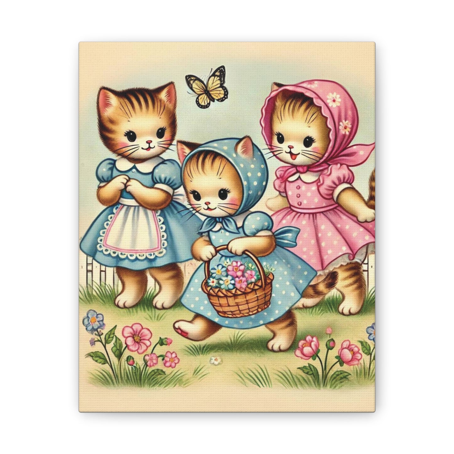 Vintage Kitten Art, Kitschy Cat Art Picking Flowers Canvas Wall Art