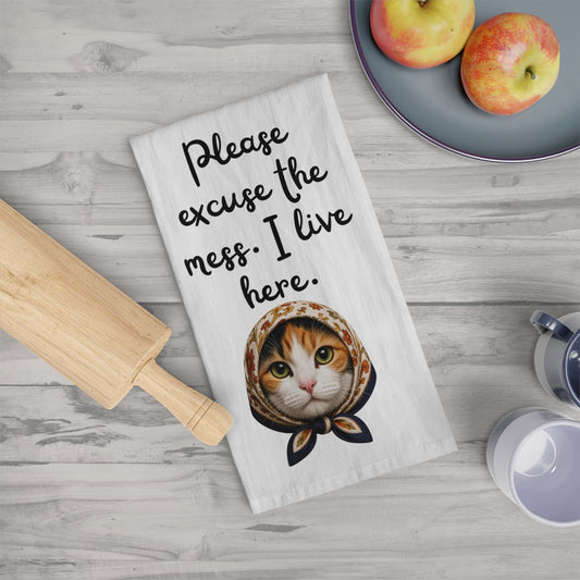 Babushka Cat Calico Kitty Cat Tea Towel