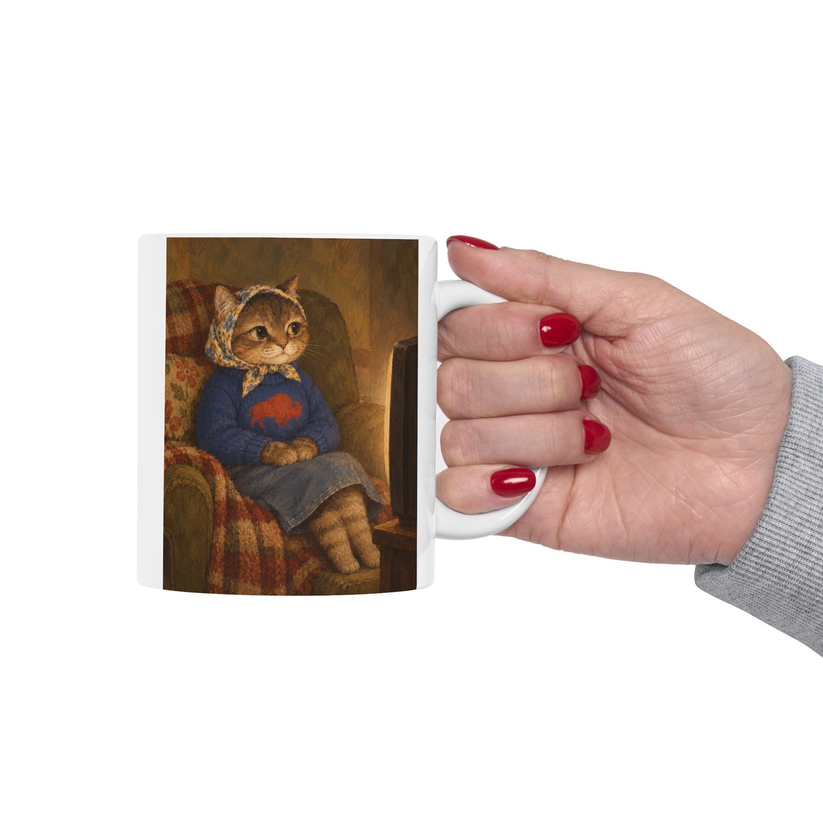 Nostalgic Buffalo Tabby Babushka Cat Ceramic Mug (2 sizes)