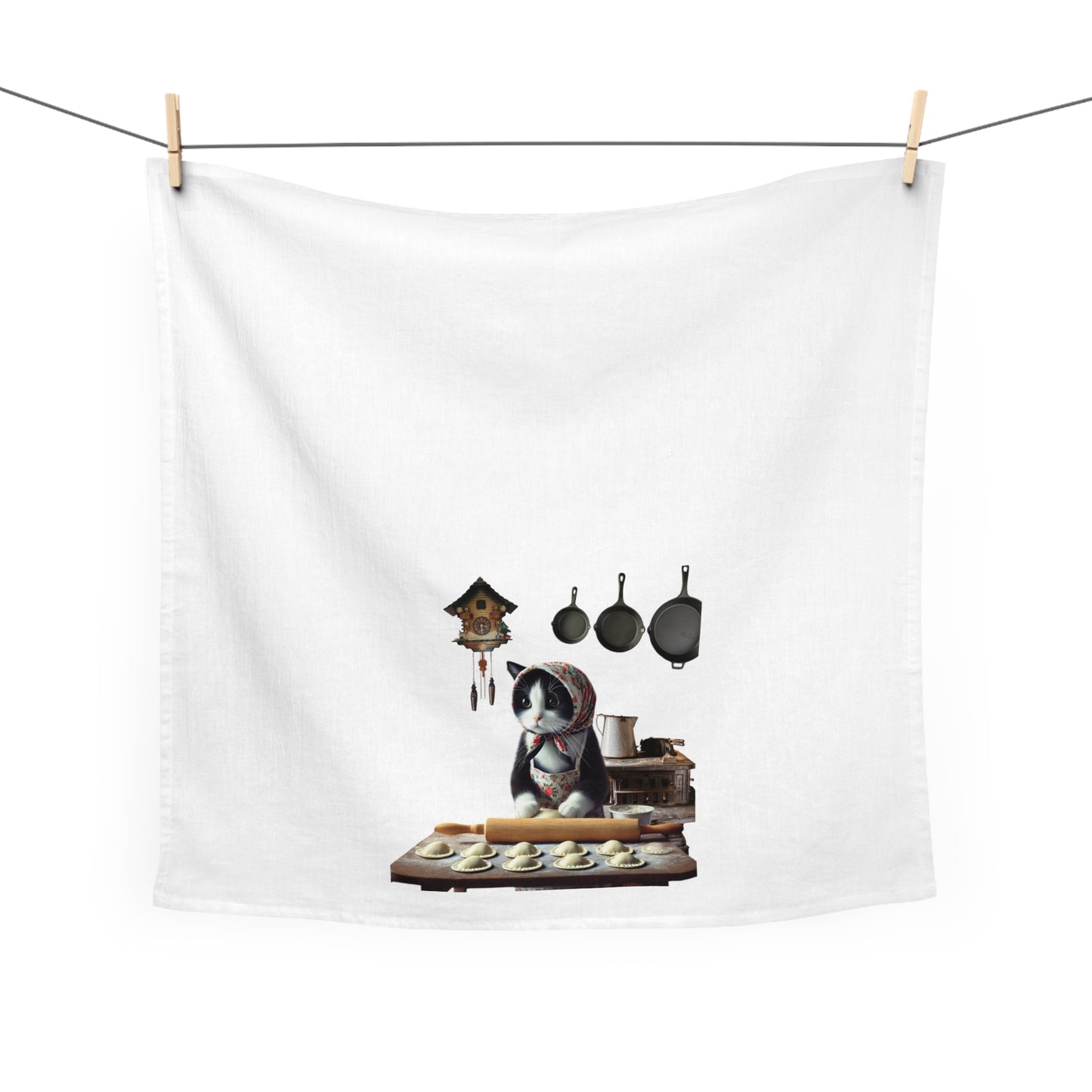 Babushka Tuxedo Cat Makes Pierogi Tea Towel