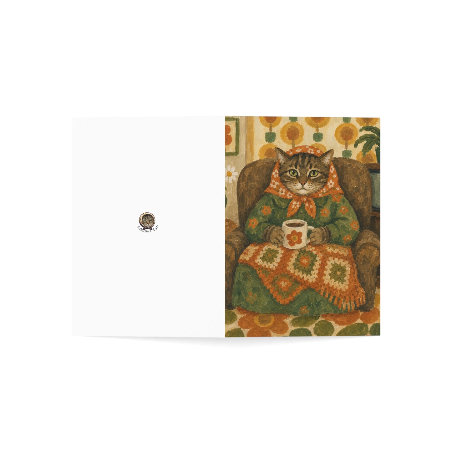 Babushka Cat Blank Inside Greeting Cards Set of 10
