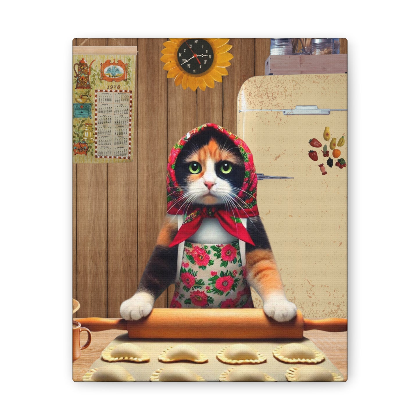 Babushka Cat Calico Kitty  Proud Pierogi Maker, Kitschy Cat Art, Polish Cats