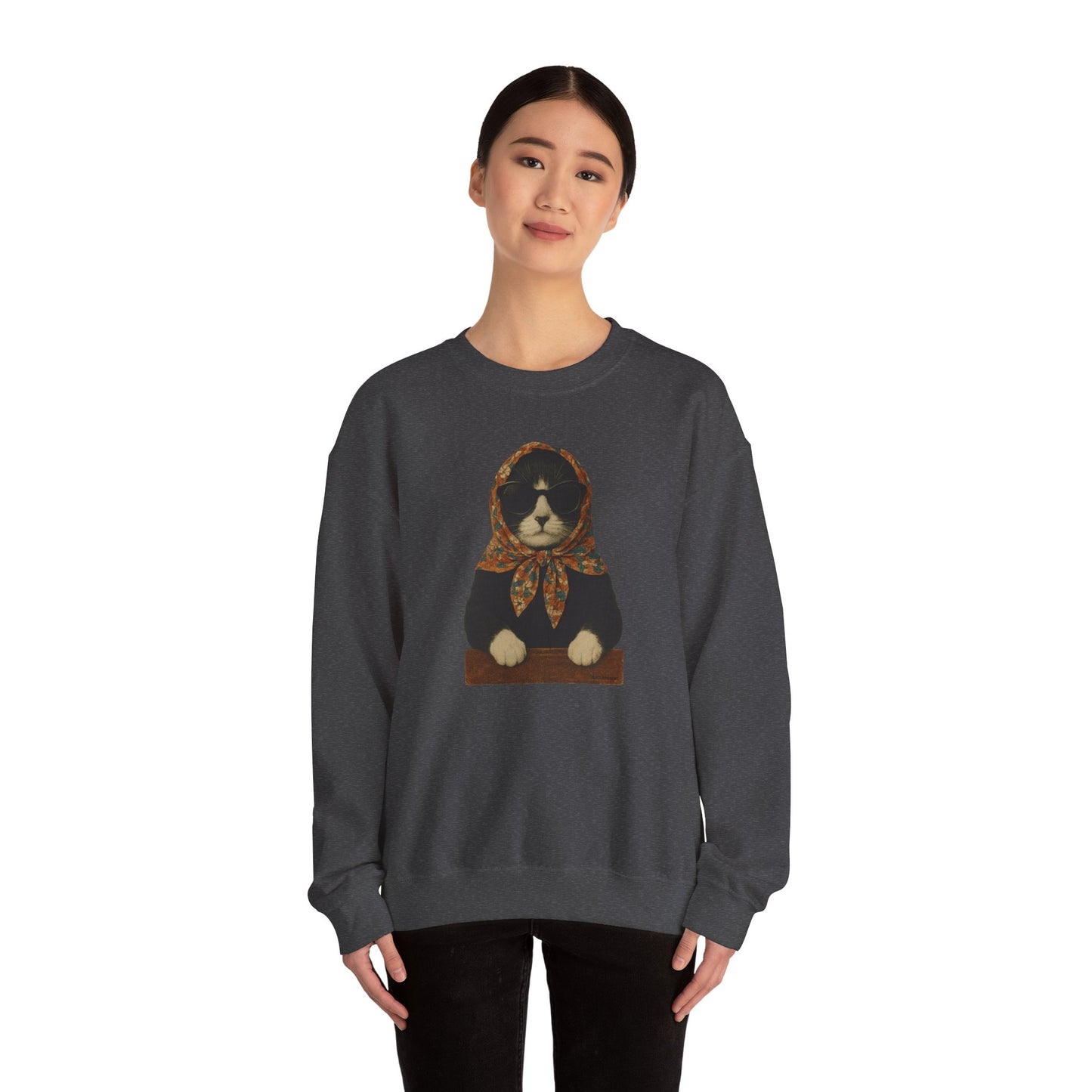 Babushka Cat, Tuxedo Cat Sweatshirt - Unisex Crewneck Pullover with Polish Cat Print