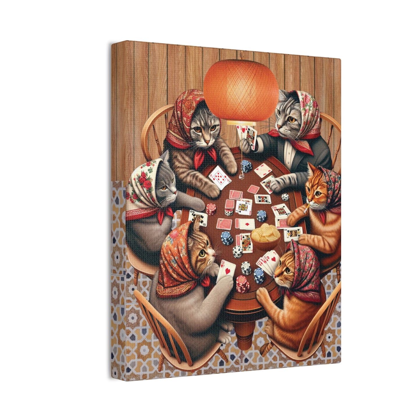 Babushka Cats Playing Cards Canvas Wall Art