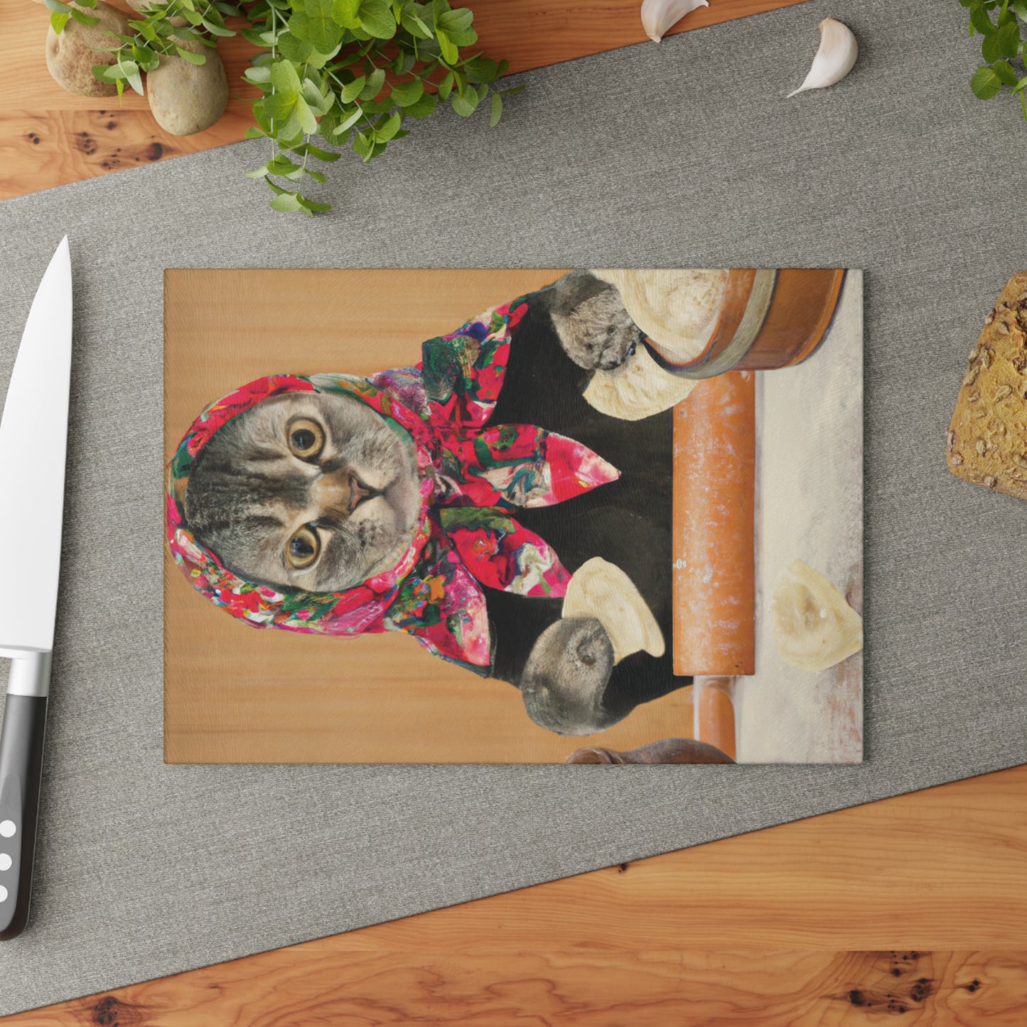 Babushka Pierogi Cat Glass Glass Cutting Board; Two Sizes Available