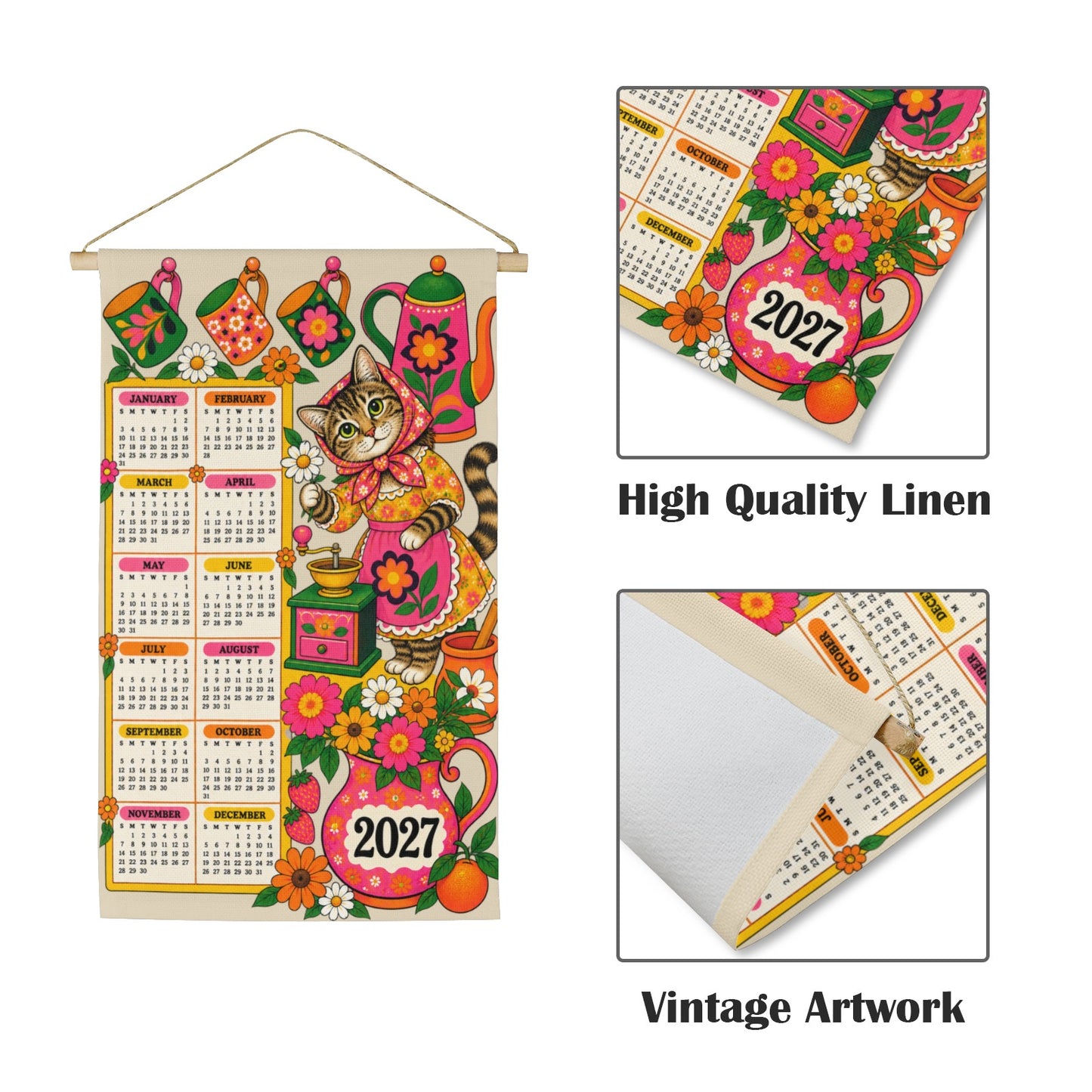 Babushka Cat 2027 VIntage Pink Kitsch Fabric Wall Calendar