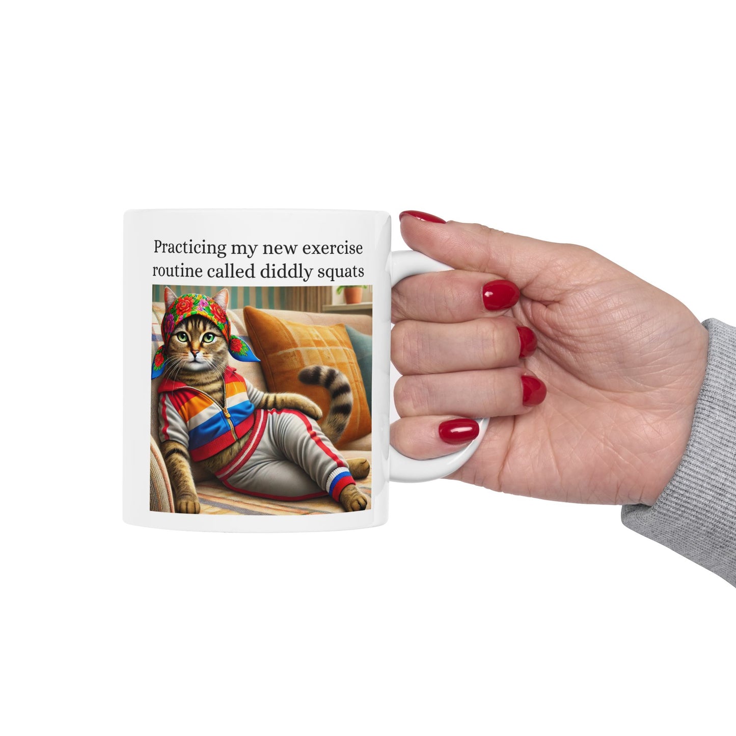 Babushka Cat Exercises, Funny Kitschy Ceramic Mug