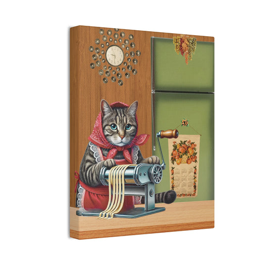 Babushka Nonna Makes Pasta, Babushka Kitty Kitschy Cat Art, Italian Nostalgia