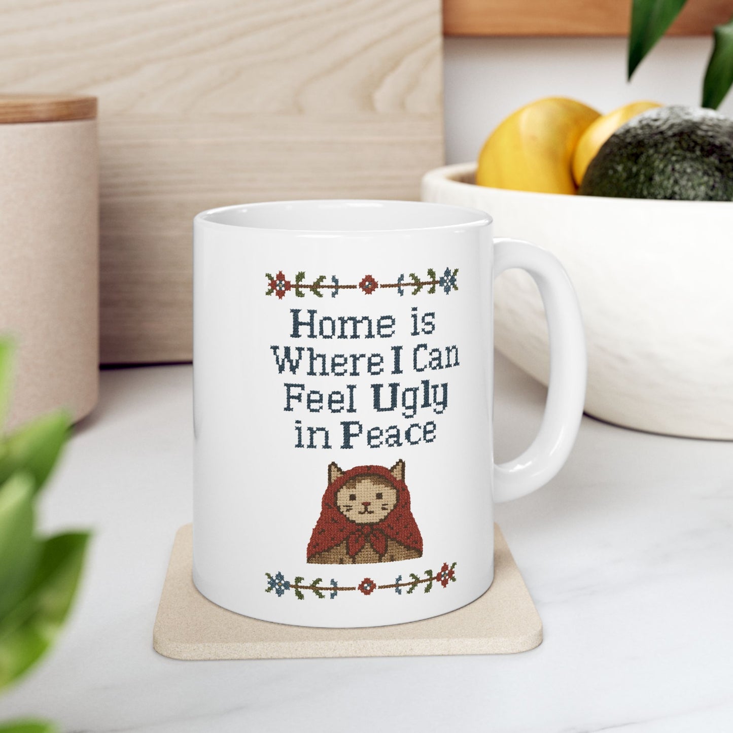Babushka Cat Mug, Funny Cat Ceramic Mug - Faux Cross Stitch Look