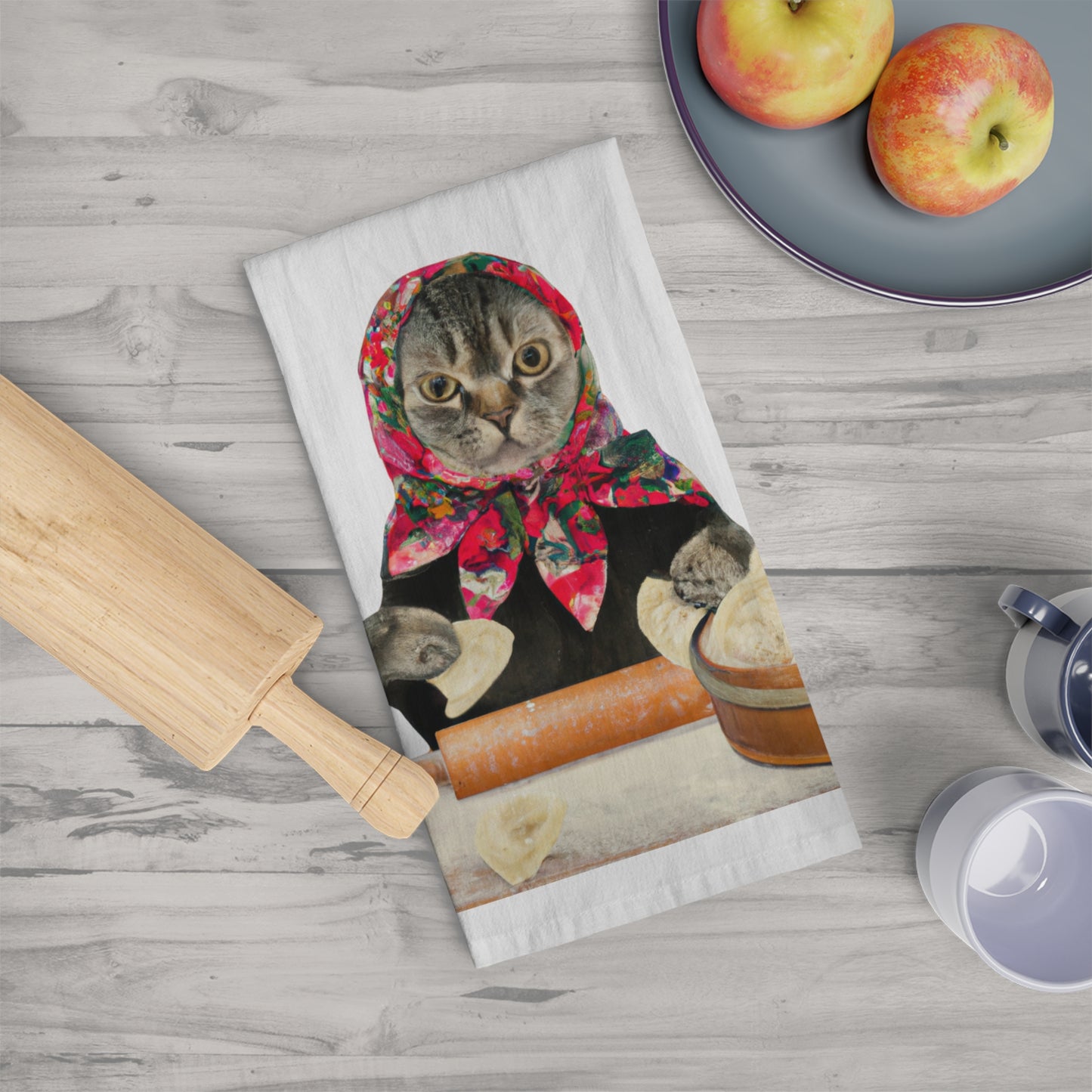 Pierogi Cat, Babushka Cat Tea Towel, Polish Gift, Hostess Gift