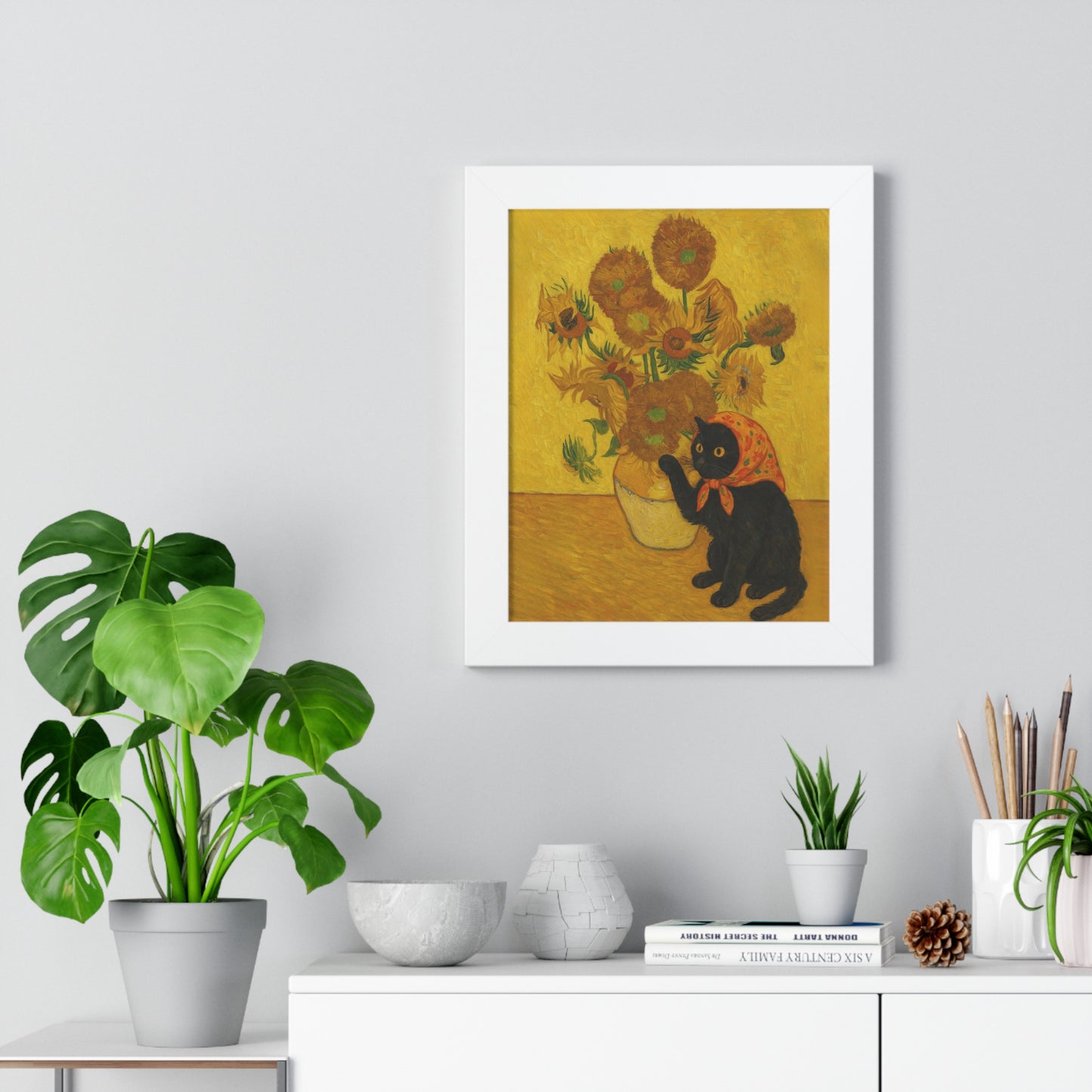 Babushka Cat X Vangogh Sunflowers Framed Poster