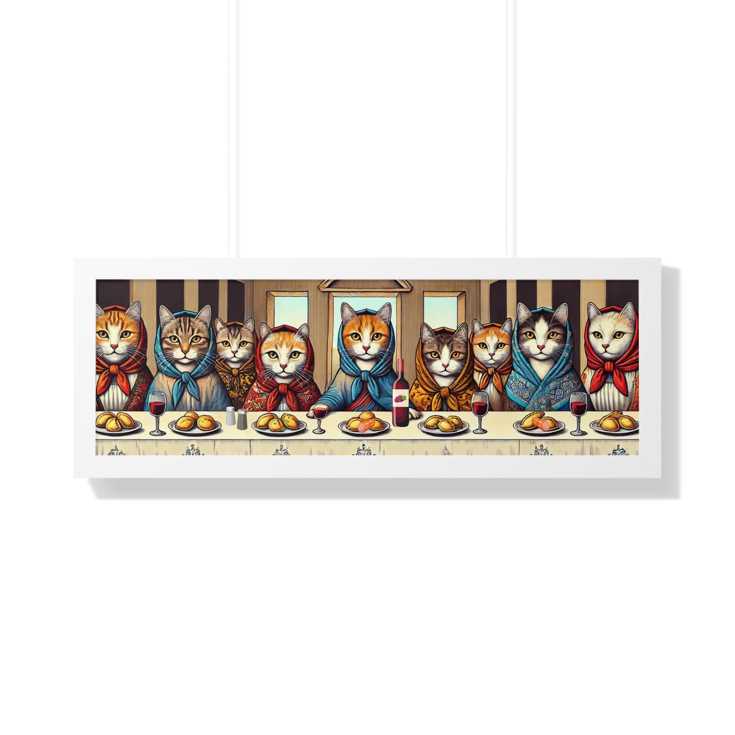 The Last Supper Babushka Cat Pierogi Supper Framed Horizontal Poster for Polish Art Lovers