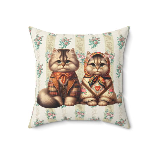 Vintage Theme Babushka Cat Couple, Polish Inspiration Polyester Square Pillow