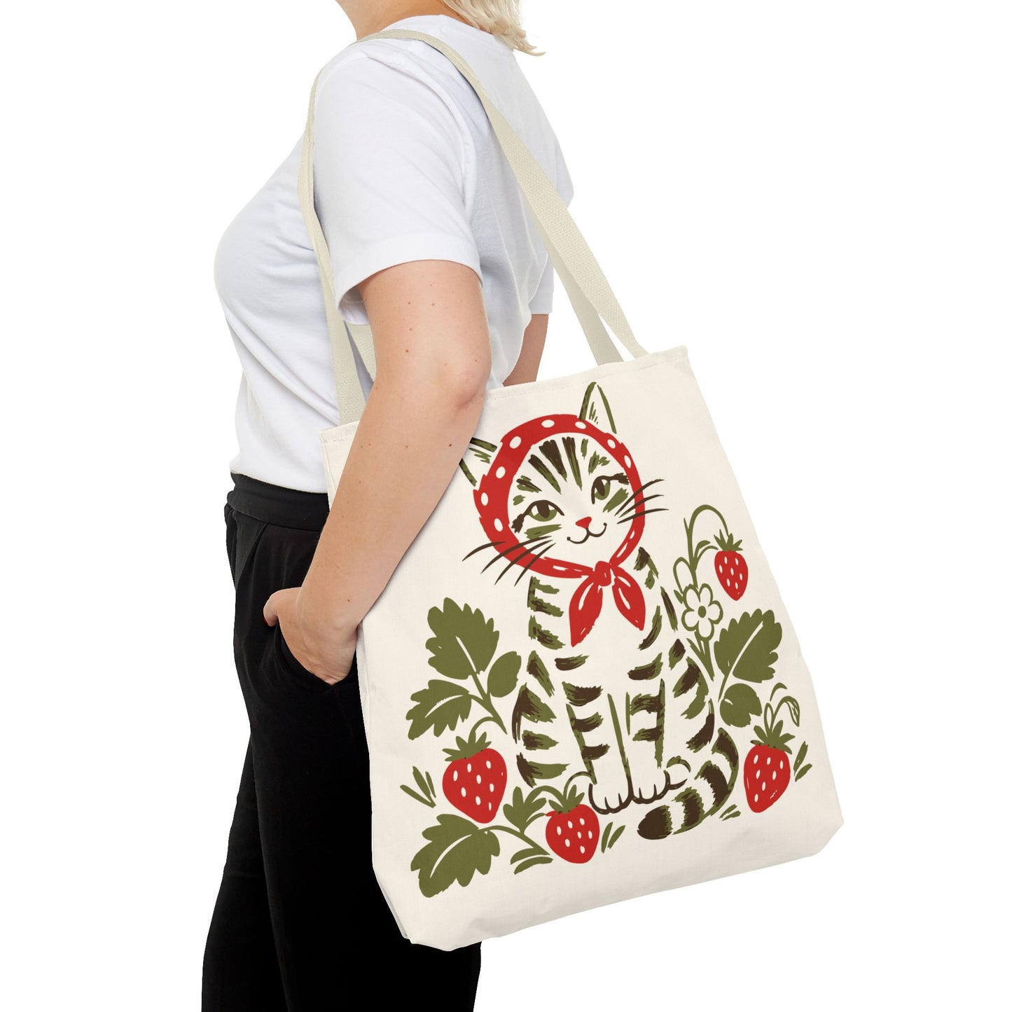 Babushka Cat Strawberry Patch Tabby Cat Tote Bag (AOP)