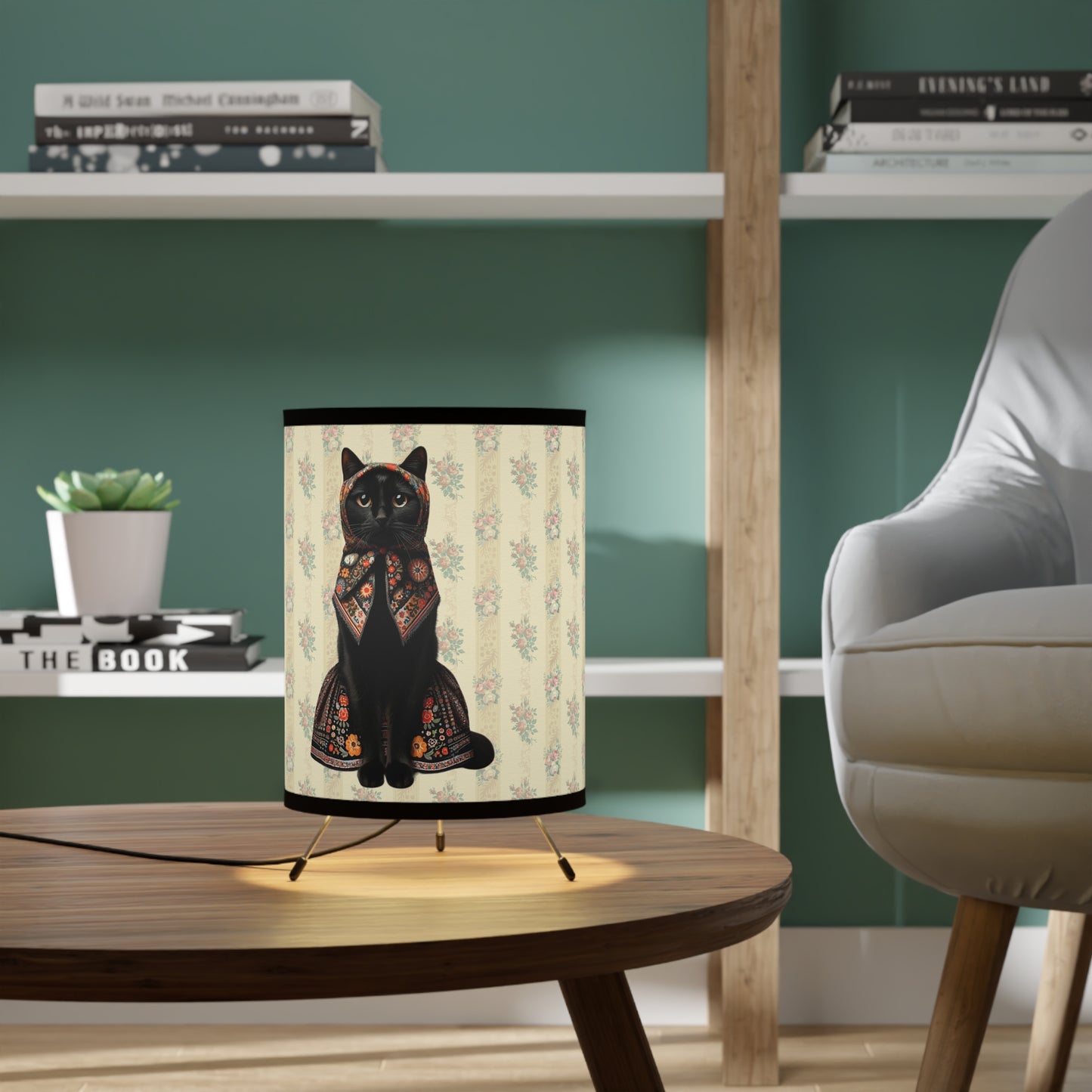 Babushka Cat, Black Cat Tripod Lamp with High-Res Printed Shade, US\CA plug