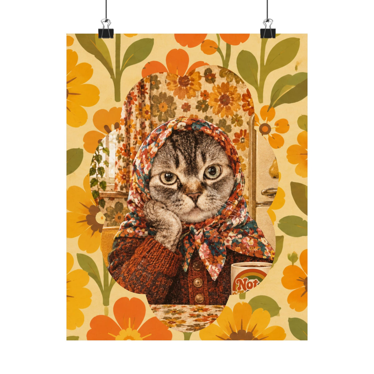 Babushka Cat Contemplating Matte Vertical Poster Wall Art