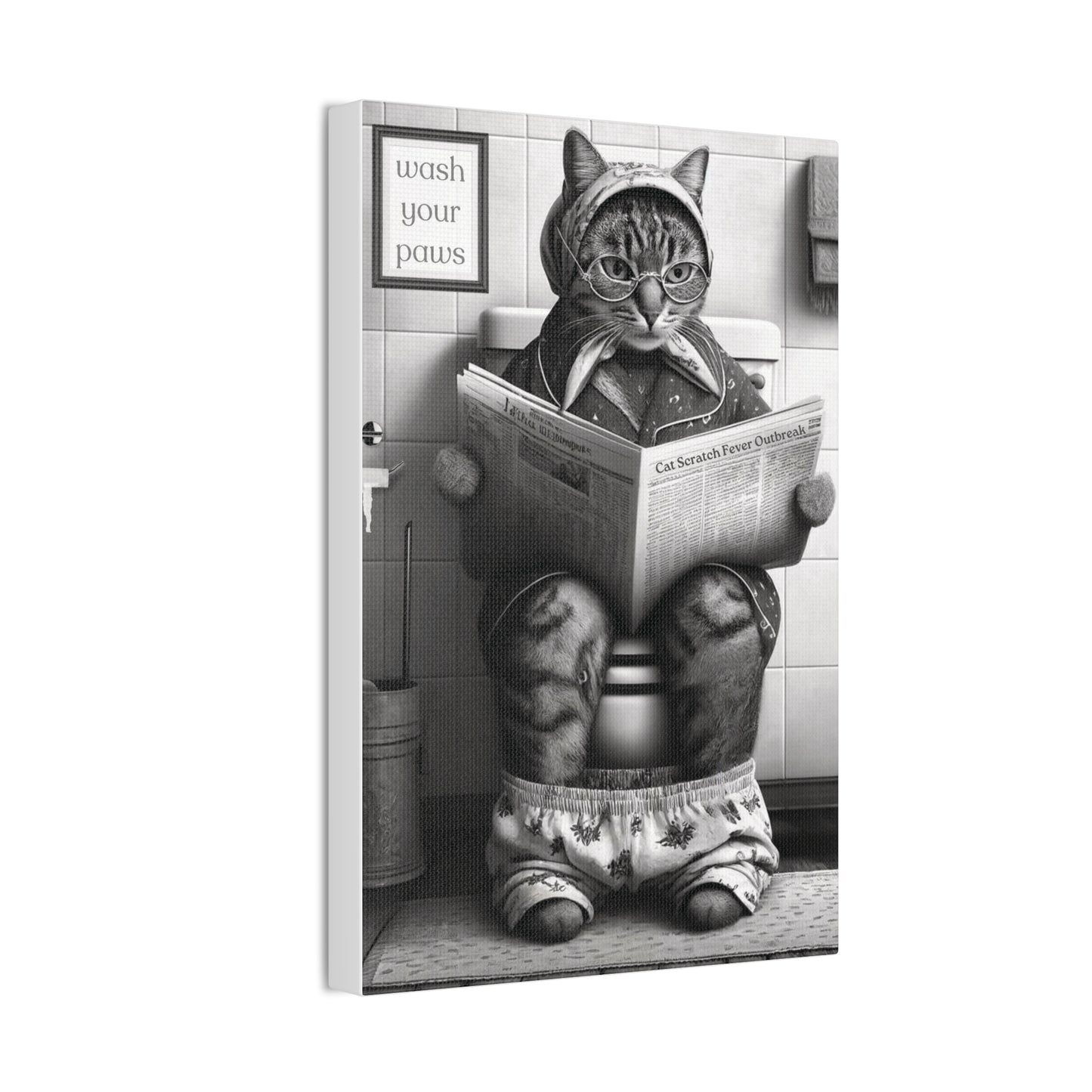 Babushka Cat Bathroom Art, Black and White Wall Art