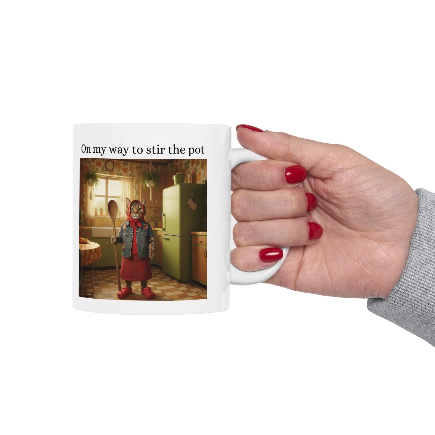 Babushka Cat Pot Stirrer Ceramic Mug