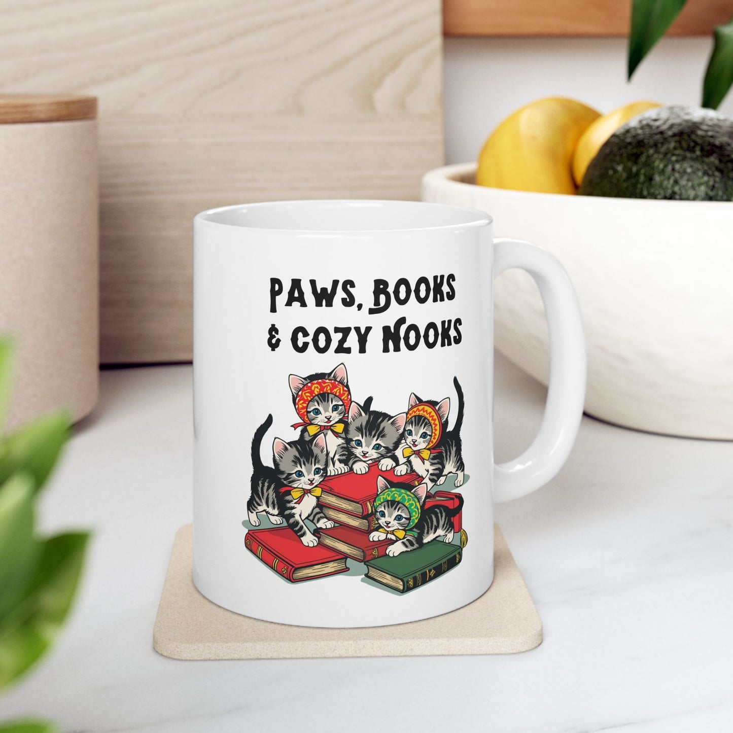 Kitschy Mug with Babusha Kittens and Books Design, Ceramic Mug