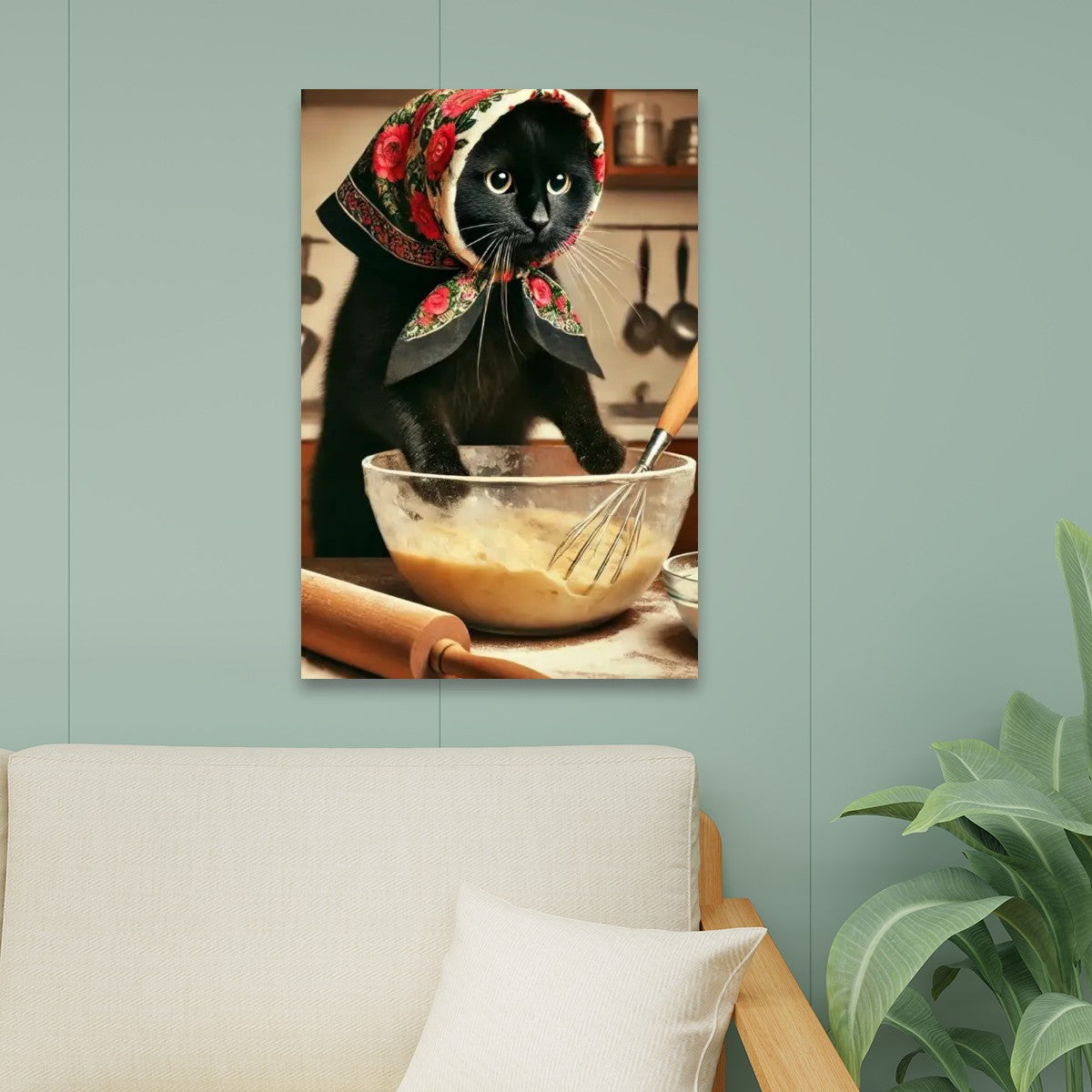 Babushka Black Cat Kitchen Kitschy Art-Canvas Prints Wall Art