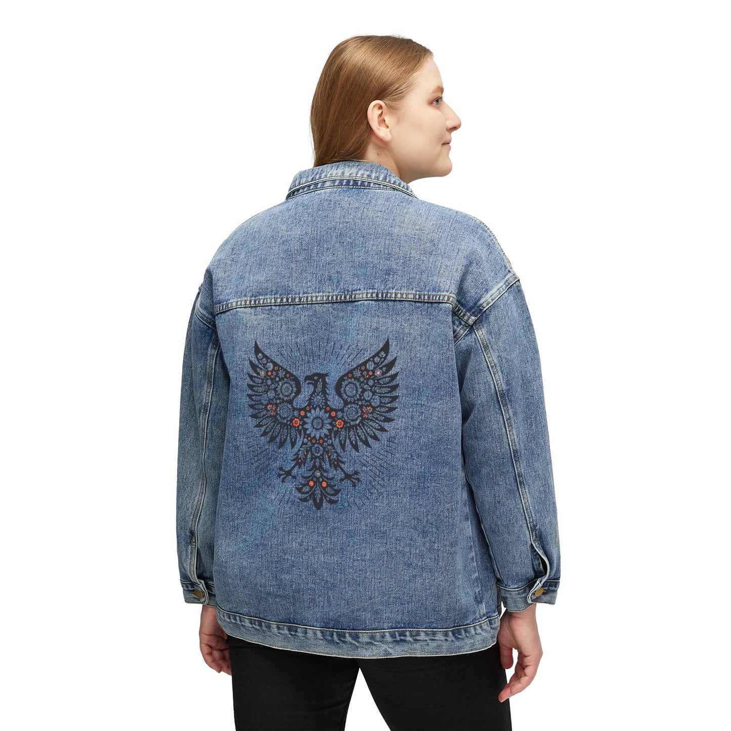 Polish Folk  Eagle Art Women's Denim Jacket Wycinanki Pattern