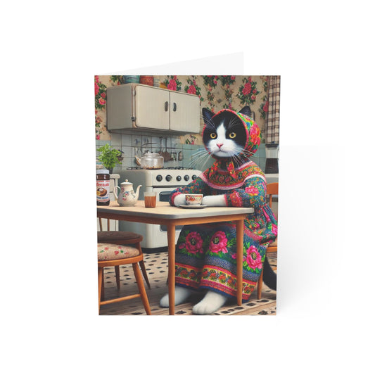 Babushka Cat, Tuxedo Cat Greeting Cards Set of 10-Blank Inside