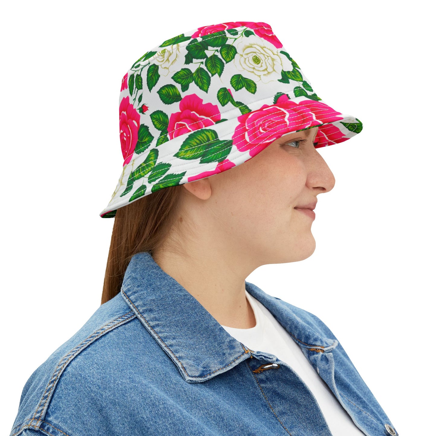 Pink and Green Cabbage Roses Floral Bucket Hat (AOP)