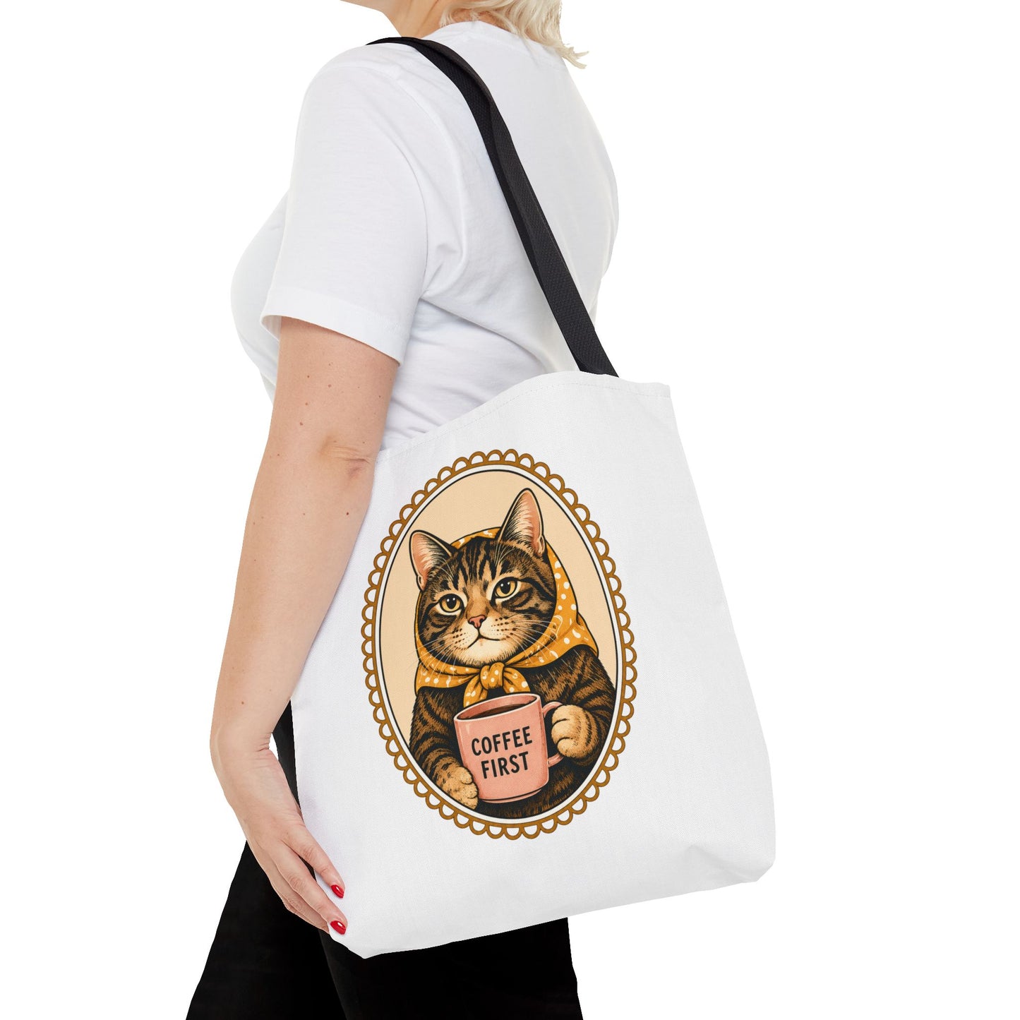 Babushka Cat Coffee First Cameo Tote Bag