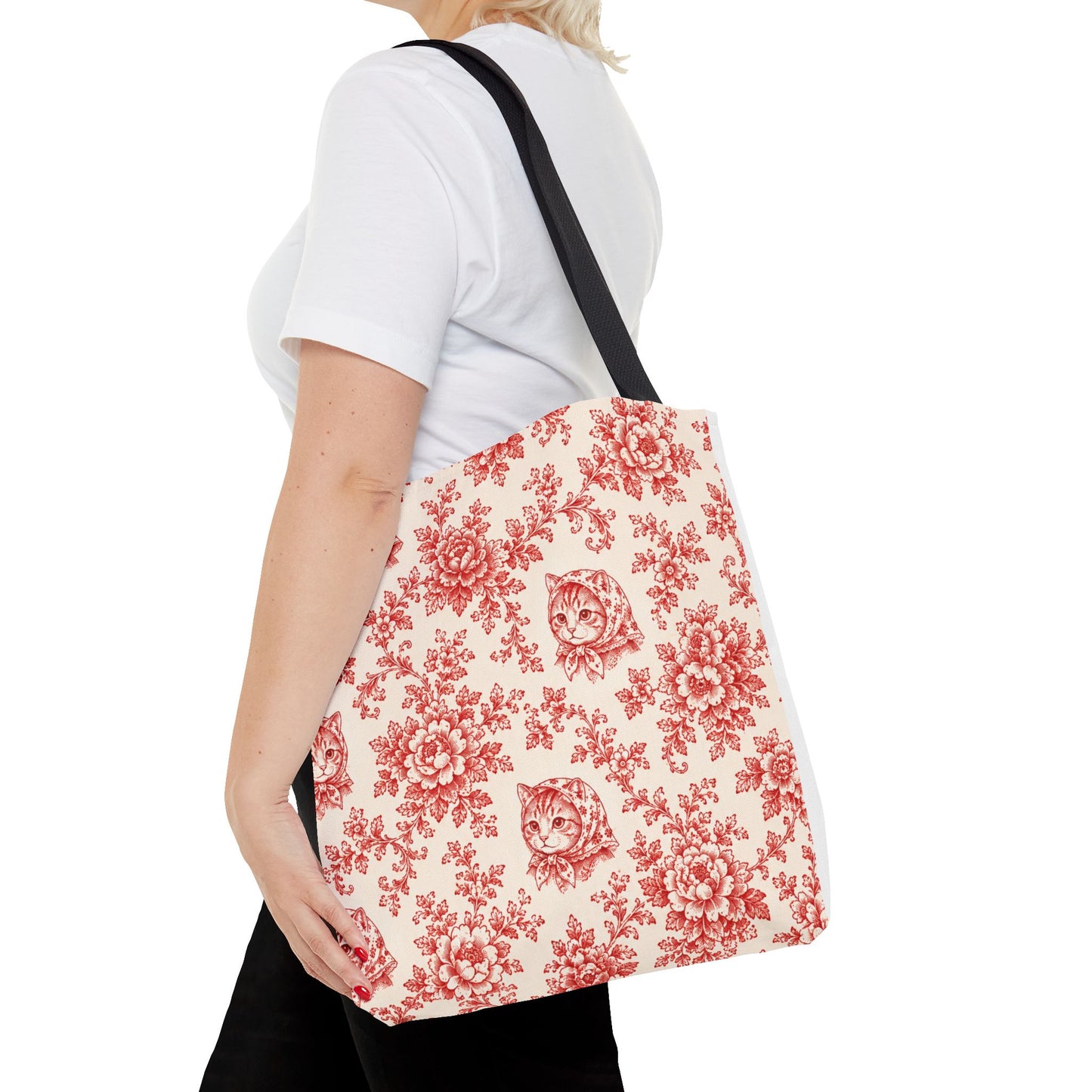 Babushka Cat Red Toile Reusable Tote